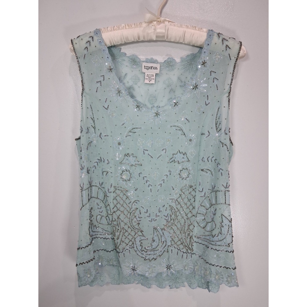Together Light Blue Beaded Sequin Scalloped V-Neck Sleeveless Top 12 Whimsy Vtg